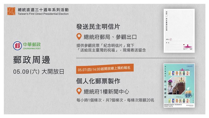 總統府5月9日大開放日活動，民眾可在「民主明信片」寫下對民主台灣的祝福，並可現場製作個人化郵票（圖／總統府提供）