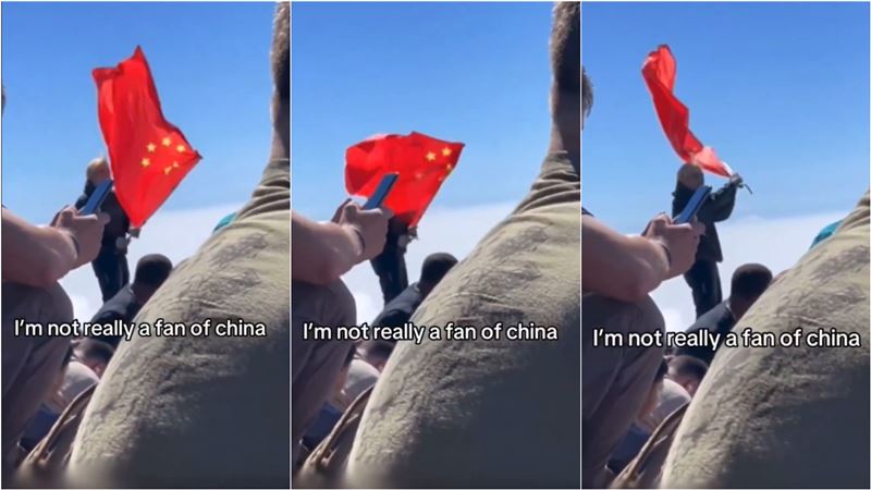 中國籍男子在富士山揮舞五星旗。（圖／翻攝自X@OfAthenry）