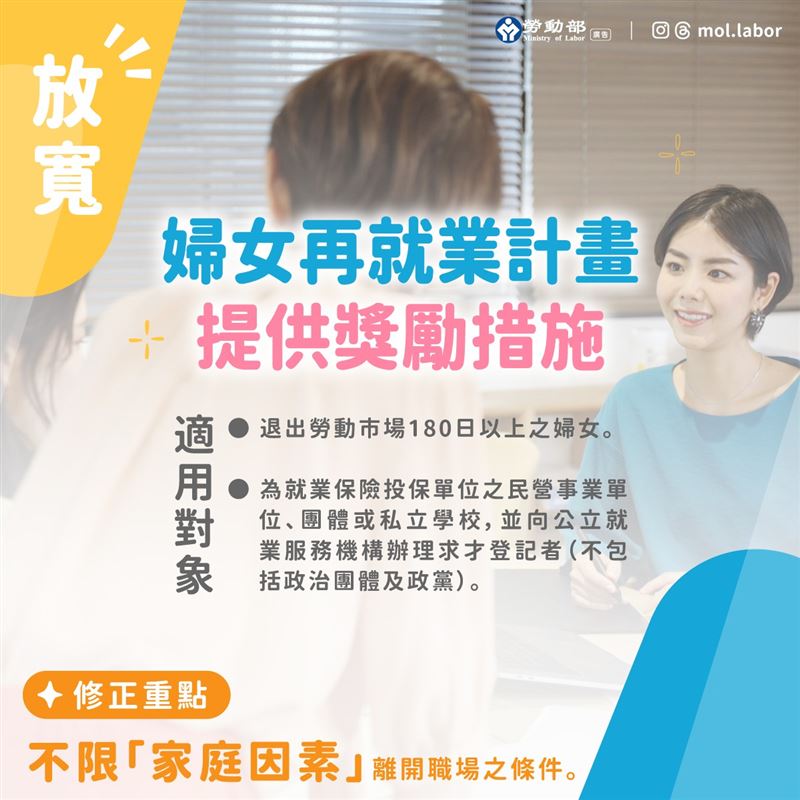 勞動部放寬「婦女再就業計畫」補助，現在所有離開職場180日以上的婦女均可申請。（圖／翻攝自勞動部臉書）