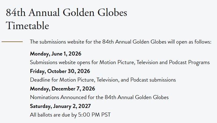 第84屆金球獎時間表公布。（圖／翻攝自Golden Globes官網）