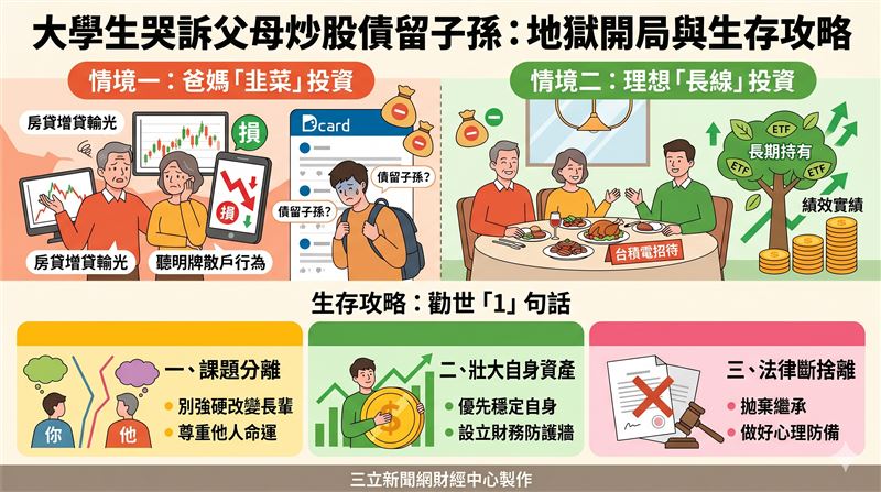 大學生控訴父母增貸百萬玩短線賠光，不僅毫無財商更拒絕溝通，引發網路熱議。一派網友冷眼嘲諷股市守恆定律，另一派則憂心養老債留子孫。理財糾紛演變為家庭倫理戰，課題分離成唯一解藥。（AI製圖）