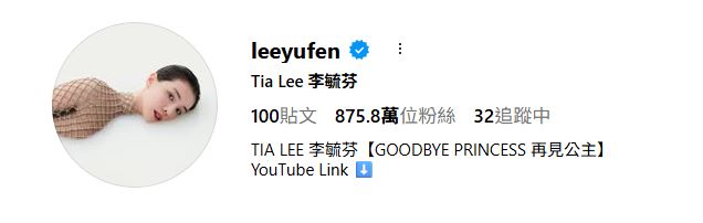5月8日，李毓芬粉絲數從1000多萬掉到剩875萬左右。（圖／翻攝自李毓芬IG）