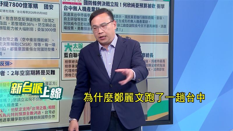 王義川質疑，國民黨主席鄭麗文密訪台中市長盧秀燕後，無人機預算隨即消失。（圖／新台派上線）