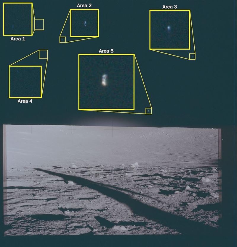 NASA阿波羅12號1969年在月球著陸後的照片，分別標記為「區域1」至「區域5」的不明航空現象。（美國國防部）