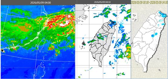 今晨4時紅外線色調強化雲圖顯示，鋒面中層雲系持續從臺灣海峽移入(左)。4:10雷達回波合成圖顯示，中層雲系伴隨弱降水回波(中)。4時累積雨量圖顯示，大臺北、宜花及中部山區有局部降雨(右)