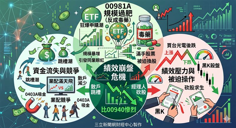 00981A規模過肥引發危機！權證小哥警告，一旦沒新資金挹注撐盤，投信被迫砍股恐引發崩盤效應，散戶血汗錢千萬要當心。主動型ETF業配滿天飛！小哥點出只要績效被對手超越，散戶跳槽將導致00981A湧現賣壓，重演00940瘋搶後被套牢慘況。（圖／AI製圖）