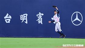 中職37年例行賽，味全龍右外野手曾聖安打出深遠飛球在全壘打牆前遭到童堉誠接殺。（圖／記者劉彥池攝影）