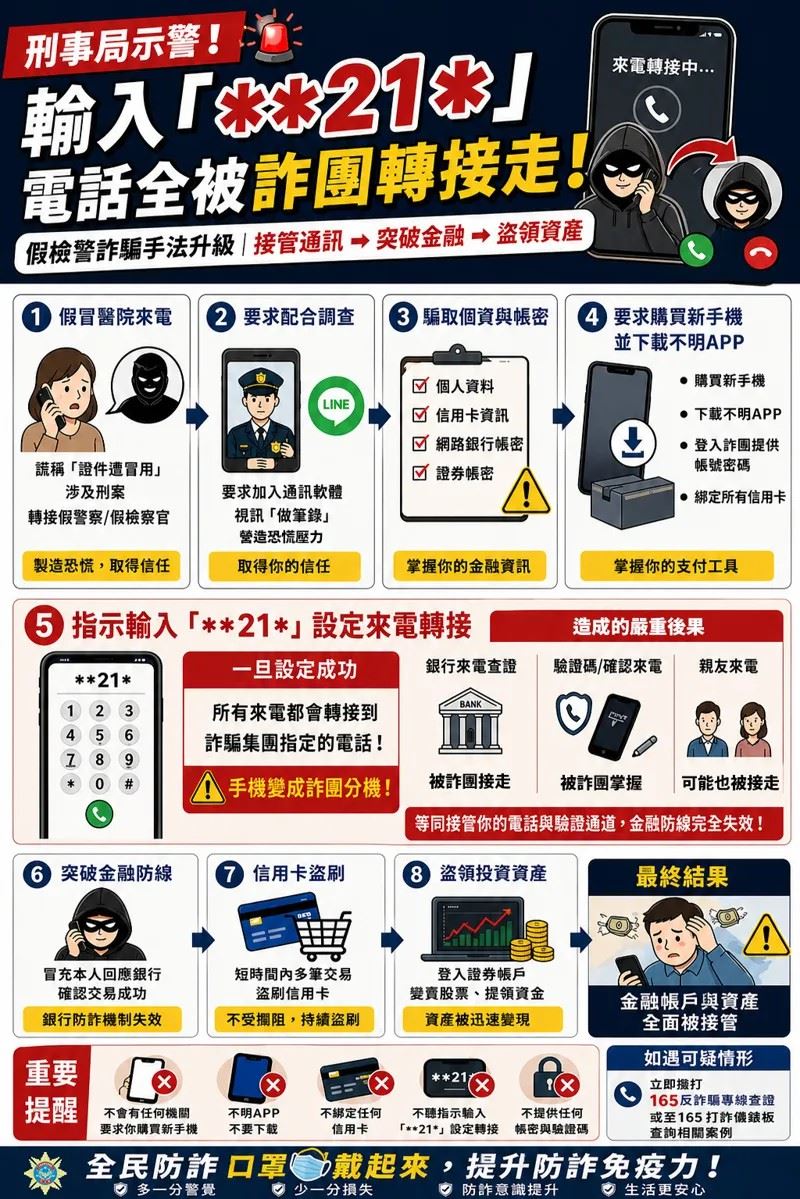 假檢警詐騙再升級，輸入「**21*」，電話全被詐團轉接。（圖／刑事局提供）