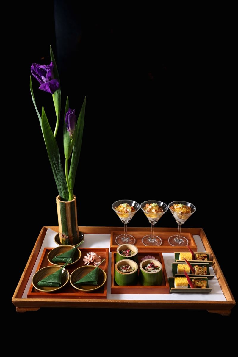 八寸-勾玉豆腐、吻仔魚小松菜、櫻花蝦錦玉子、合鴨牛蒡湯葉木之芽燒、竹筴魚笹卷壽司。（圖／飯店旅宿業者提供）