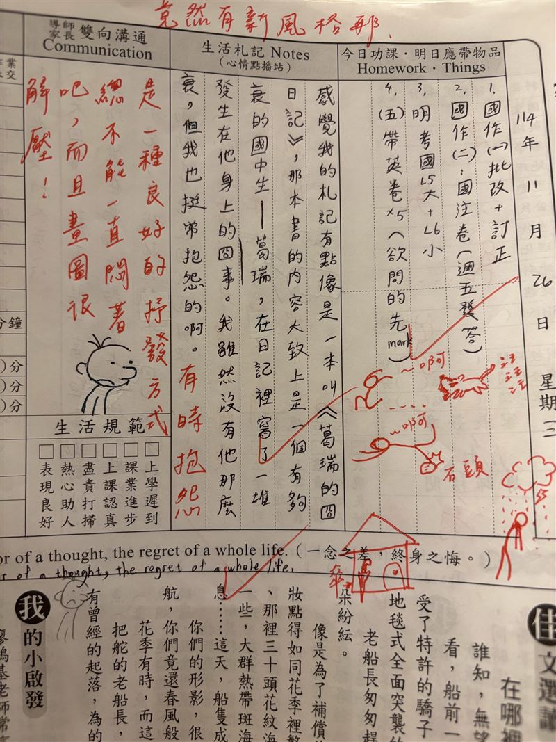 老師曾在聯絡簿上和學生溫馨互動。(圖/翻攝自Threads @chunghsiaowen 授權)