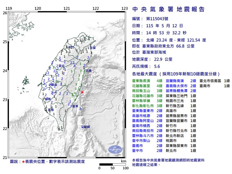 今日下午2時53分，台灣東部海域發生芮氏規模5.6地震。（圖／中央氣象署）