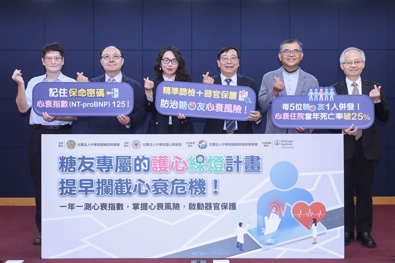 糖尿病學會與心臟學會聯合健保署與專家，啟動「糖友護心綠燈計畫」。呼籲糖尿病患者落實「一年一測心衰指數」。（圖／糖尿病學會提供）