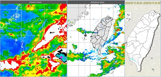 今晨4:40紅外線色調強化雲圖顯示,鋒面雲系南移、減弱(左)。4:50雷達回波合成圖顯示,降水回波大多在海峽南部及東側海面(中)。4:30雨量累積圖顯示,南臺有局部降雨(右)