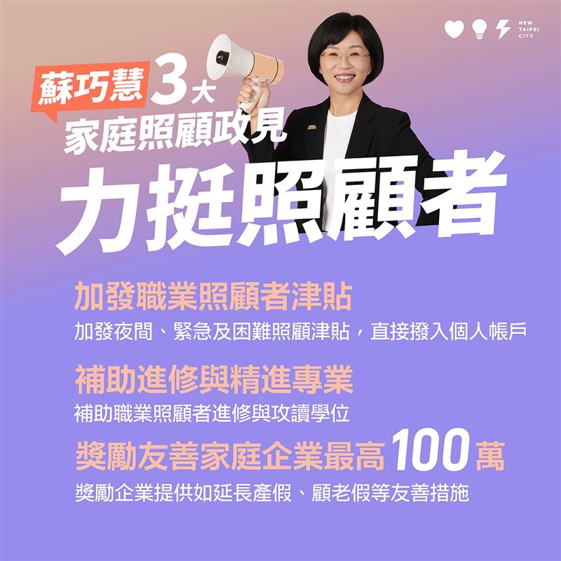 民進黨新北市長參選人蘇巧慧提出「力挺照顧者、育兒全方位、貼心顧長輩」的三大家庭照顧政見（圖／蘇巧慧辦公室提供）