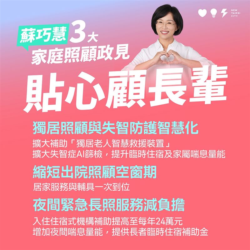 民進黨新北市長參選人蘇巧慧提出「力挺照顧者、育兒全方位、貼心顧長輩」的三大家庭照顧政見（圖／蘇巧慧辦公室提供）