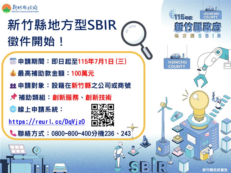 新竹縣地方型SBIR開放申請,最高補助100萬。(圖/翻攝自新竹縣政府網站(圖/翻攝自新竹縣政府網站)