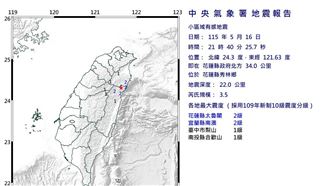 快訊／花蓮21：40規模3.5地震！4縣市有感