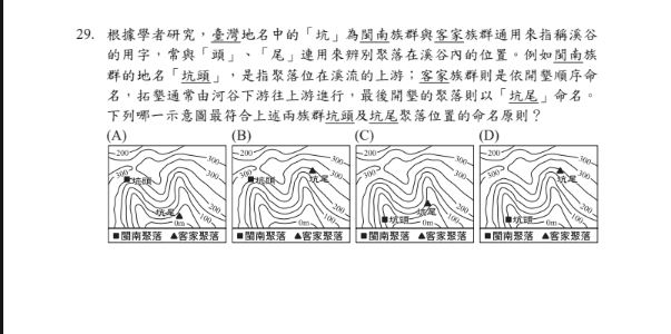 第29題結合歷年常見的等高線地形圖，再搭配第六冊「地名由來」概念出題。蔡承峰指出，類似題型其實在一個月前的第四次模擬考就曾出現，若學生有確實訂正錯題，應能順利拿分。（圖／翻攝畫面）