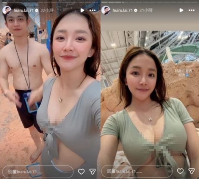 賴慧如穿上灰綠色連身泳裝，照片曝光後，不少網友紛紛暴動留言，大讚賴慧如狀態超好，「根本辣媽代表」。（圖／翻攝自賴慧如IG限時動態）