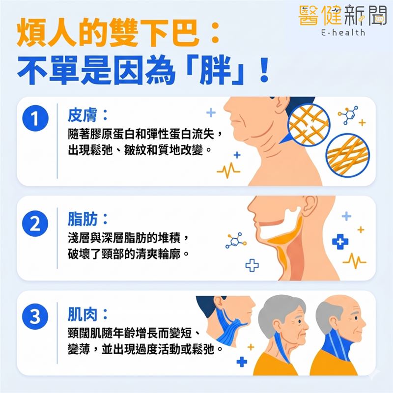 別讓脖子「洩漏年齡」！皮膚科醫揭雙下巴非全是「胖」的錯。（圖／醫健新聞網提供）