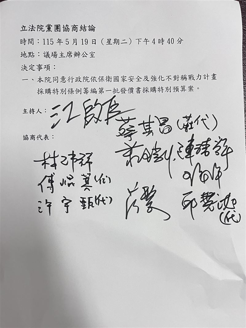 立院朝野協商結論：同意政院籌編軍購第一批發價書特別預算。（圖／記者楊士誼攝影）