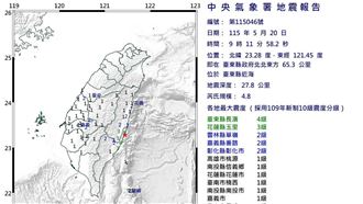 2026.05.20台東4.8地震（圖／中央氣象署）