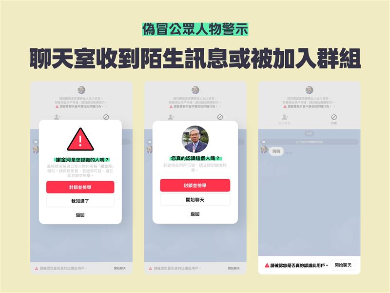 LINE針對聊天室收到陌生訊息或被加入群組情境，以多重提醒機制，協助用戶辨識可疑帳號。（圖／LINE提供）