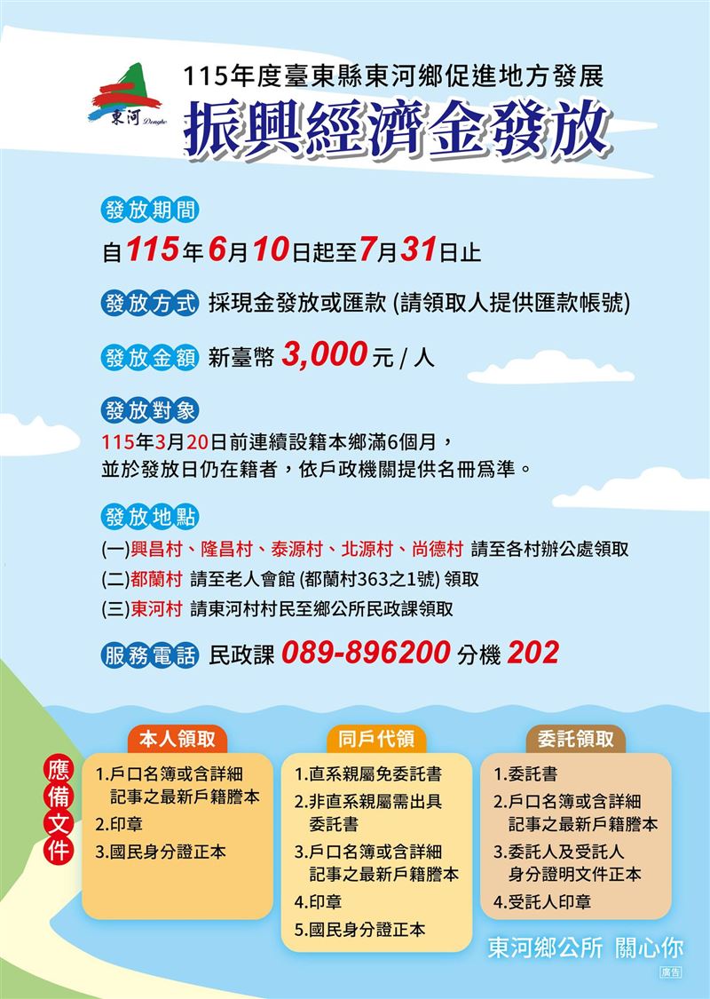 台東東河鄉公所將普發每人3000元。（圖／翻攝台東東河鄉公所臉書）