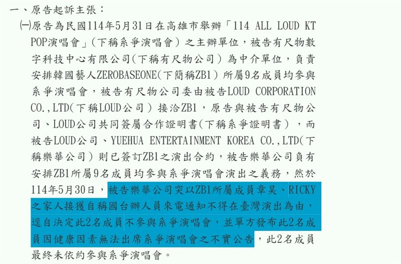 根據最新民事裁定書內容,樂華娛樂演出前突通知章昊、RICKY不參與活動,原因是「家人接獲自稱國台辦人員來電,要求不得在台灣演出」。(圖/翻攝自司法院裁判書系統)