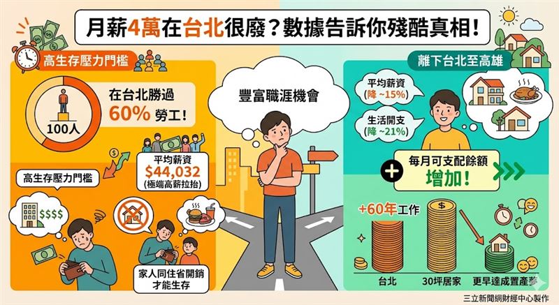 網路瘋傳台北月薪沒4萬無法生存,但最新薪資地圖曝光驚人真相:4萬月薪竟已贏過6成台北上班族!台北薪資看似亮眼,卻因高薪群體拉高平均,掩蓋了極大貧富差距。專家提醒,北漂族若扣除高房租與物價,其實際購買力與幸福感恐遠低於返鄉就業。(AI製圖)