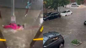 紐約暴雨 女子剛下車就被沖走（圖／翻攝自X平台@Breaking911、@USronaldcarter）