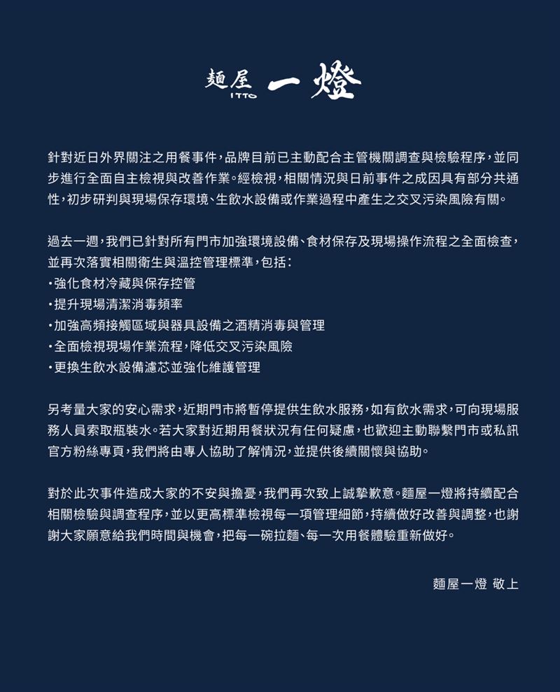 麵屋一燈於社群針對食安疑慮回應。(圖/翻攝自Threads @menyaittotw)