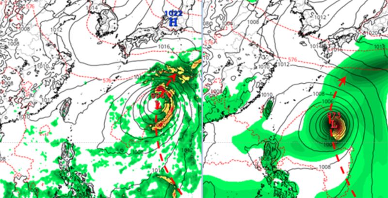 最新（22日20時）歐洲（ECMWF）及AI（AIFS）模式、31日20時模擬圖顯示，期末菲律賓東方海面發展的熱帶擾動，在臺灣東方遠海、向東北大迴轉，轉向位置雖各有差異，鋒面型態已受到破壞。（圖／翻攝自洩天機教室官網）
