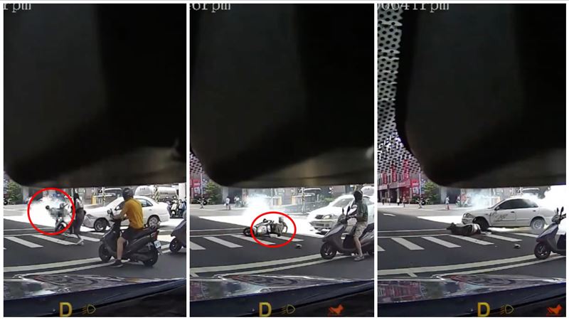 行車記錄器拍下王姓嫌犯毒駕暴衝撞倒雙載機車後,又再次將人當肉墊輾過驚悚畫面。(圖/翻攝自Threads @ carina_tan0314)