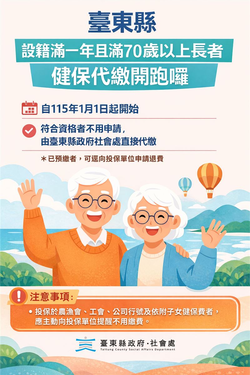 2026年開始，台東縣70歲以上的長者免繳健保費。（圖／翻攝自台東縣政府社會處臉書）
