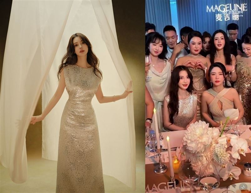 Angelababy身穿Dior高定禮服參加品牌活動，美貌依舊，但被網紅及微商代表圍繞當人肉布景板拍照，她的臉上還是閃現一絲尷尬。（圖／翻攝自楊穎工作室微博）