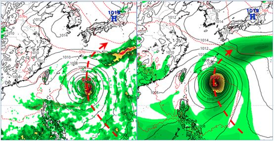 圖:最新(24日20時)歐洲(ECMWF)模式、下週(31)日20時模擬圖(左圖)顯示,下半週菲律賓東方海面有熱帶擾動發展,將在琉球東南方海面、向東北大迴轉,歐洲AI(AIFS)模式模擬的轉向位置雖略有差異(右圖),皆對臺無直接影響。(圖/洩天機教室)