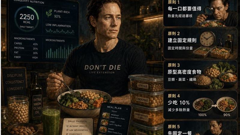 長壽狂人Bryan Johnson的飲食遵守5原則,包括每口食物都是為了進入身體而吃、建立固定規則、只吃原型且營養密集的食物、只吃9成飽、每天吃相同的食材。(圖/取自王竣平的臉書)