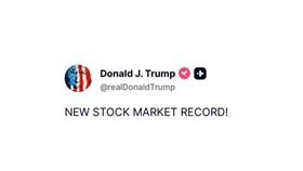 標普500指數週線連八漲，美國總統川普(Donald Trump)興奮貼文大讚「新股市紀錄！（NEW STOCK MARKET RECORD！）」外媒特地計算川普重返白宮以來該指數漲幅，發現高達23%。（圖／翻攝自Truth Social平台 @realDonaldTrump）