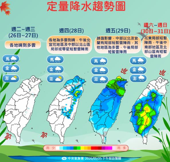 週五鋒面到來後，預計影響降雨3天。（圖／氣象署）