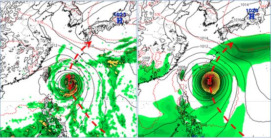最新歐洲模式31日20時模擬圖(左)顯示，熱帶擾動大迴轉的路徑已調整、約通過在宮古島附近，比原模擬更接近臺灣。歐洲AI模式模擬亦有類似的調整(右)