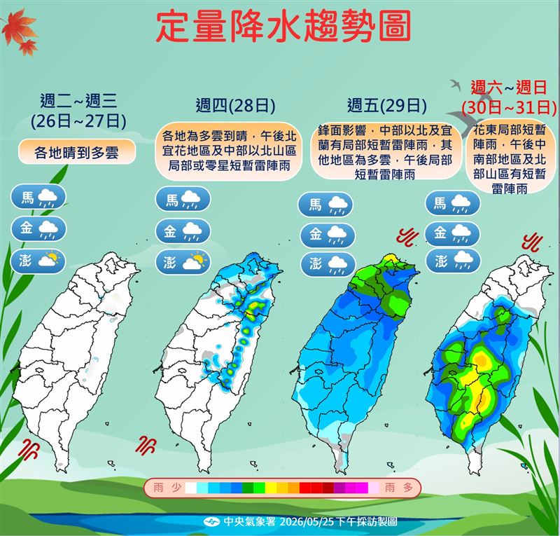 週五(29日)鋒面來到台灣中北部上空,白天期間在中部、北部、東北部、東部有短暫陣雨或雷雨發生機會,南部、東南部也有局部短暫陣雨。(圖/氣象署)