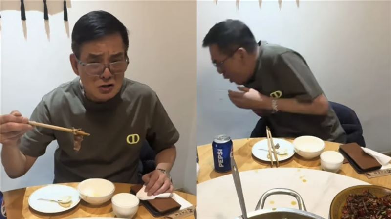 李國麟邊吃牛屎火鍋邊作嘔。(圖/翻攝自李國麟小紅書)