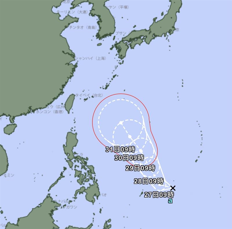 熱帶低壓生成,最快明日增強為颱風「薔蜜」。(圖/翻攝自日本氣象廳)
