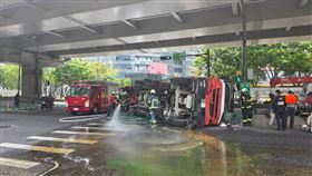 台北市內湖區今（26日）一輛水泥車不明原因發生翻覆，駕駛自行脫困。（圖／翻攝畫面）