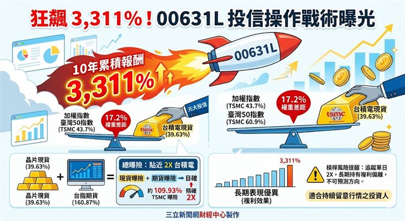 針對台積電在臺灣50與加權指數間的權重落差,槓桿型ETF(00631L)採取「增持現貨」策略以精準追蹤指數。該ETF近十年報酬狂飆3,311%,超越大盤9倍,規模突破1,500億元。元大投信提醒,此屬單日槓桿策略產品,長期複利效應易使報酬偏離,僅適合波段操作且須嚴設停損。(AI製圖)