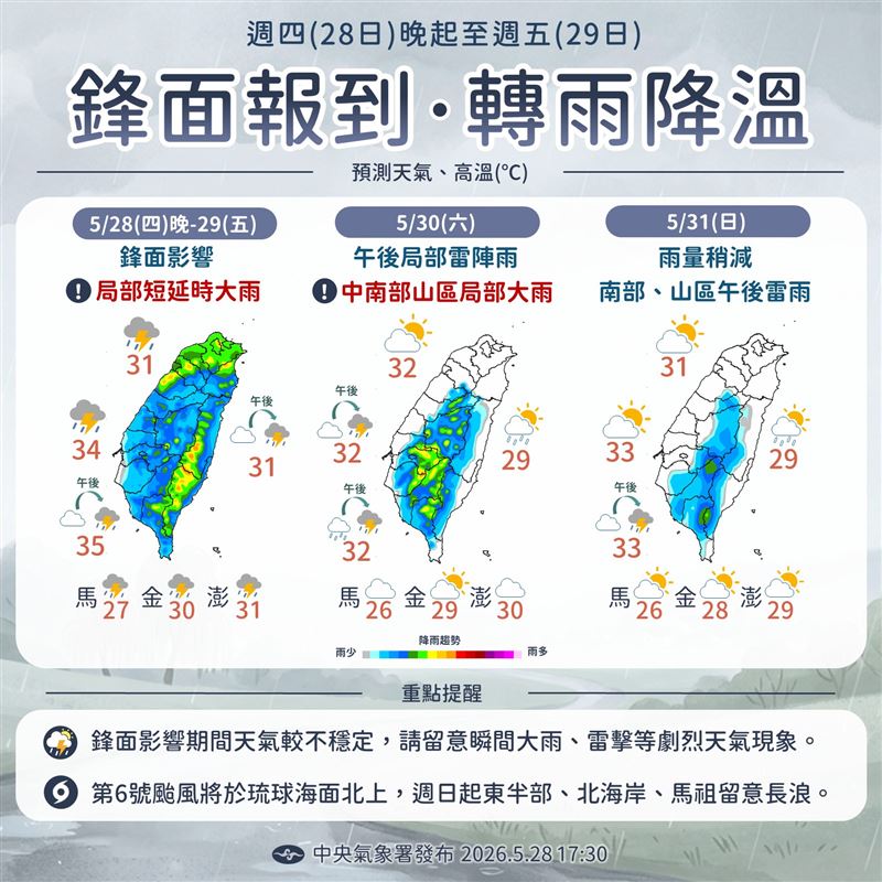 氣象署以一張圖說明未來天氣，降雨熱區曝光。（圖／翻攝自「報天氣 - 中央氣象署」臉書）