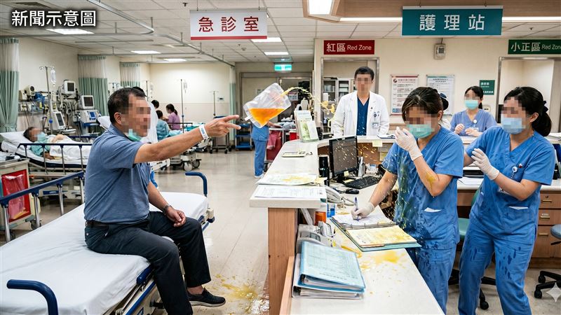 男子到某醫院急診室就醫時,朝護理站丟擲尿袋,導致尿液噴濺到場護理人員,妨害醫護業務。(示意圖/AI生成)