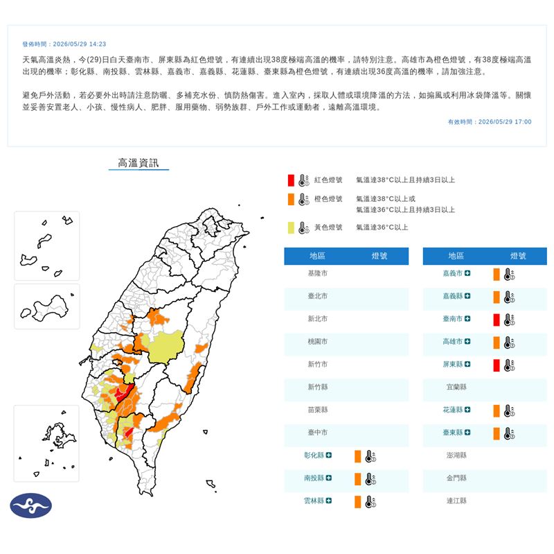 中央氣象署針對10縣市發布高溫特報。（圖／翻攝自中央氣象署）