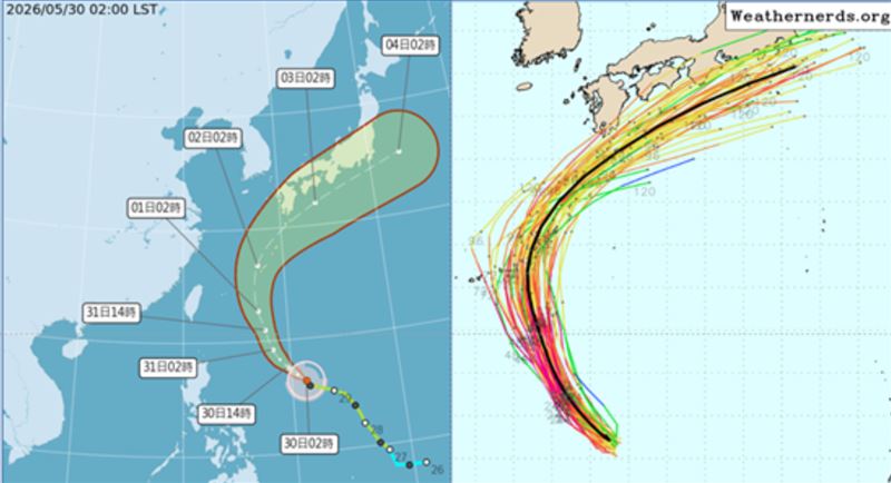 最新(30日2時)氣象署「路徑潛勢預測圖(左圖)顯示，第6號輕颱「薔蜜」今將增強為中度，向西北轉北移動，下週一、二通過琉球群島，再轉向東北、侵襲日本。最新(29日20時)歐洲(ECMWF)模式、系集路徑模擬(右)圖亦顯示類似的預測。（圖／翻攝自洩天機教室官網）